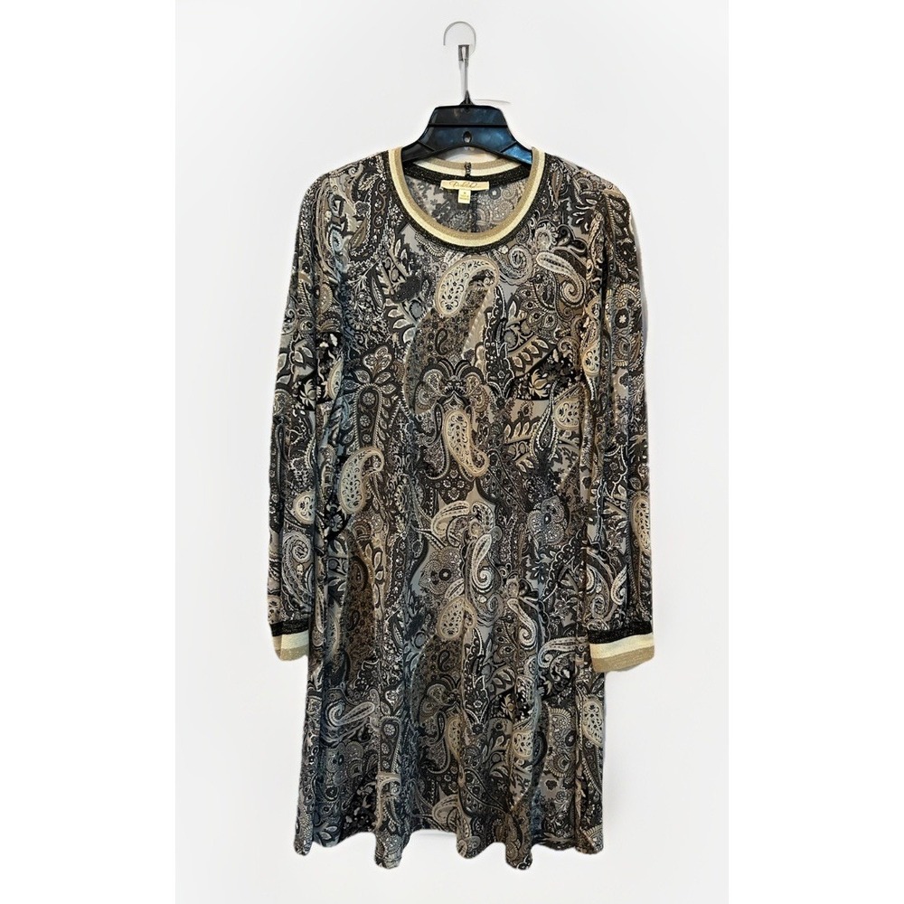 Prelude Womens Dress Size Medium Paisley Print Black Tan Cream Knit Neck & Wrist